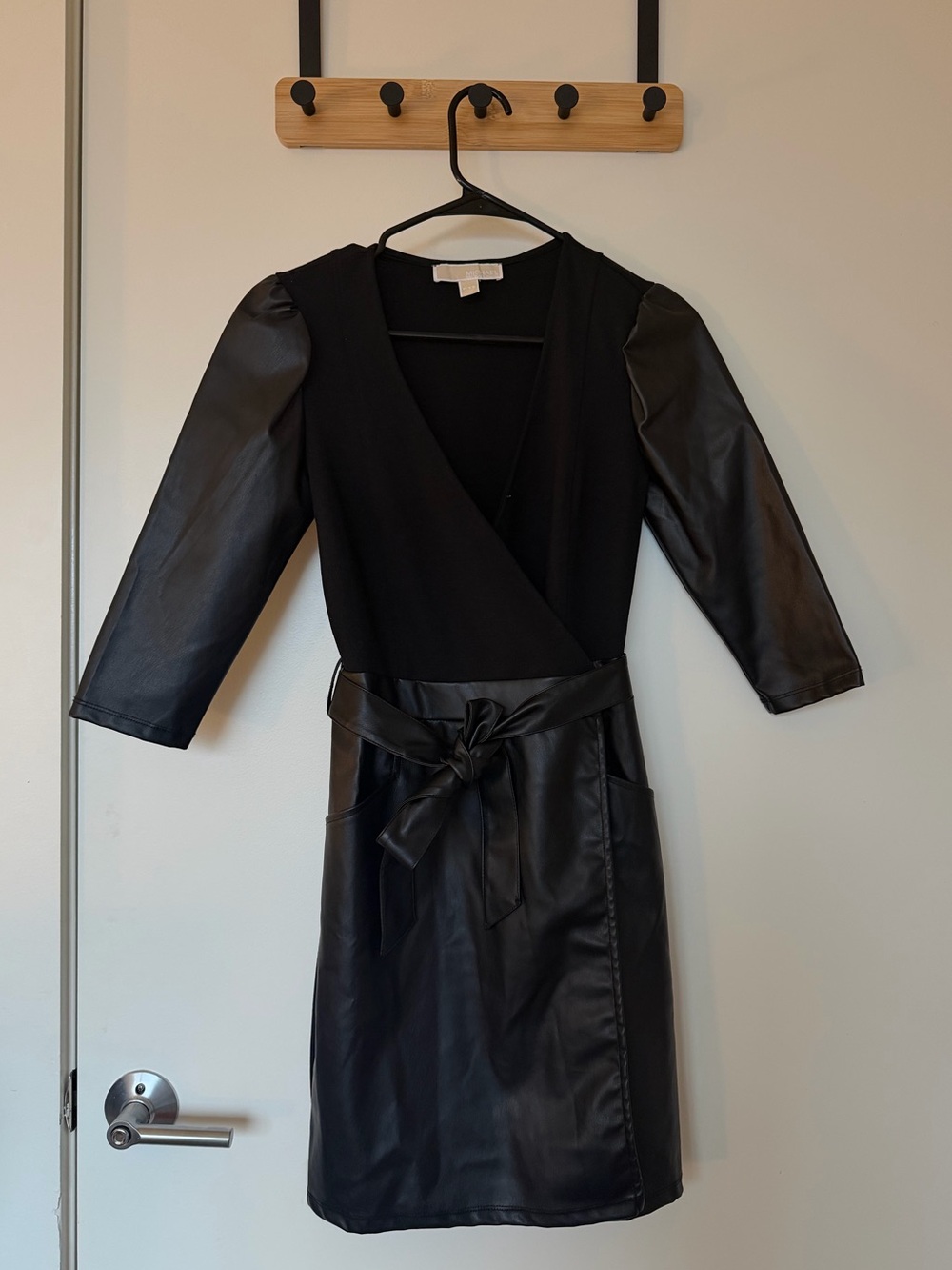 Micheal Kors Black Faux Leather Sleeve Wrap Dress with Belt - Petite